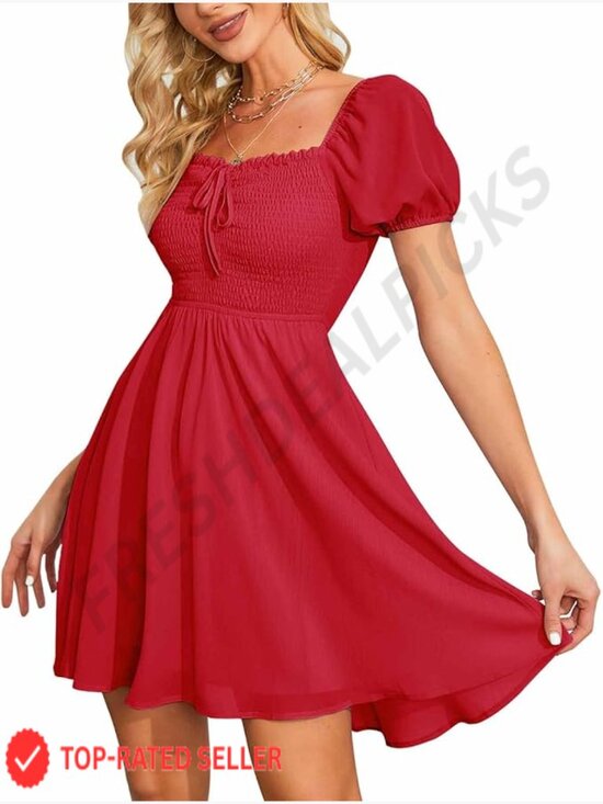 Dresses & Skirts - Sweetheart Neckline Smocked Sundress Puff Sleeve Drawstring Flowy Swing Dress